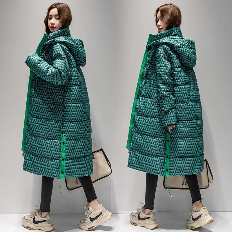 Winter Down Cotton Jacket Women 2022 New Streetwear Long Warm Thick Parkas Female Hooded Loose Plaid Padded Coats Outwear