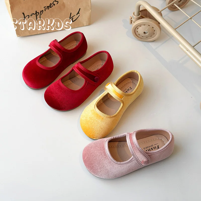 Cute Peach Pink Velvet Shoes Girls Vintage Gold Velour Ballet Flats Baby Kids Spring New Soft Sole Luxury Mary Janes