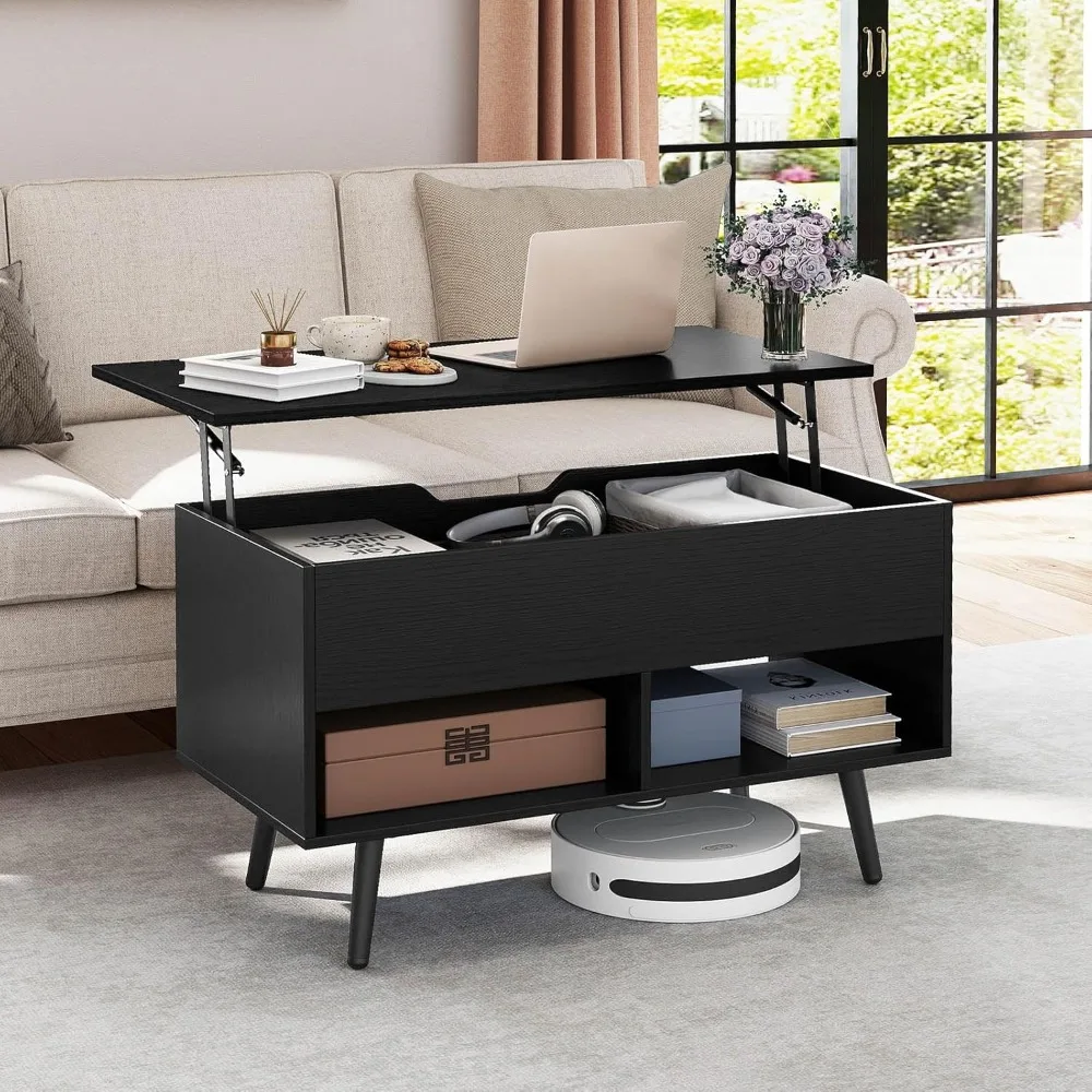 

Lift Top Coffee Table, Modern Cocktail Table w/Hidden Compartment & 2 Open Shelves, Flip Top Center Table,