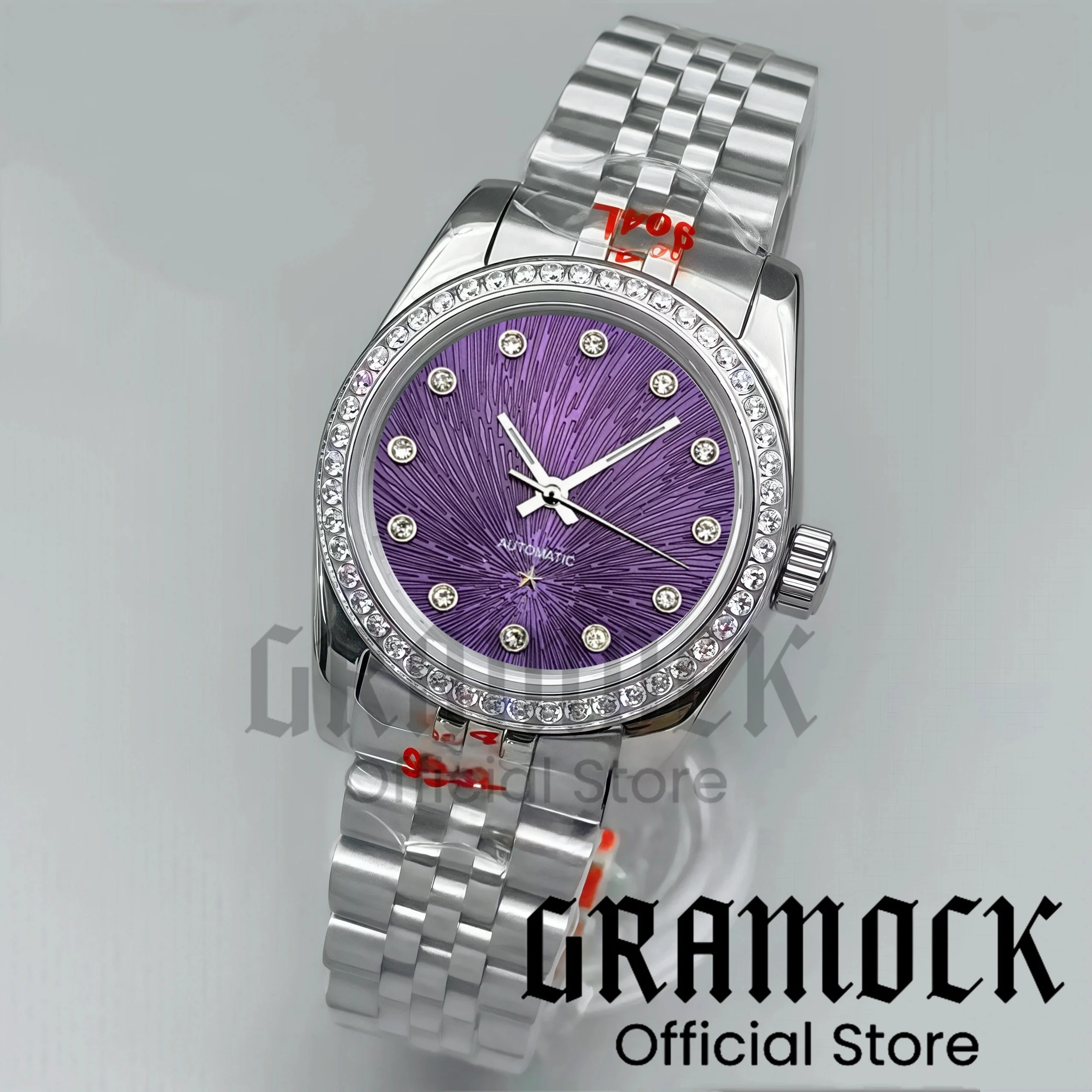 Gramock 31mm Fashion Lady's Wristwatch NH05 Automatic Watch De Ville Diamond Index Star Decoration Dial Silver Steel Women Watch