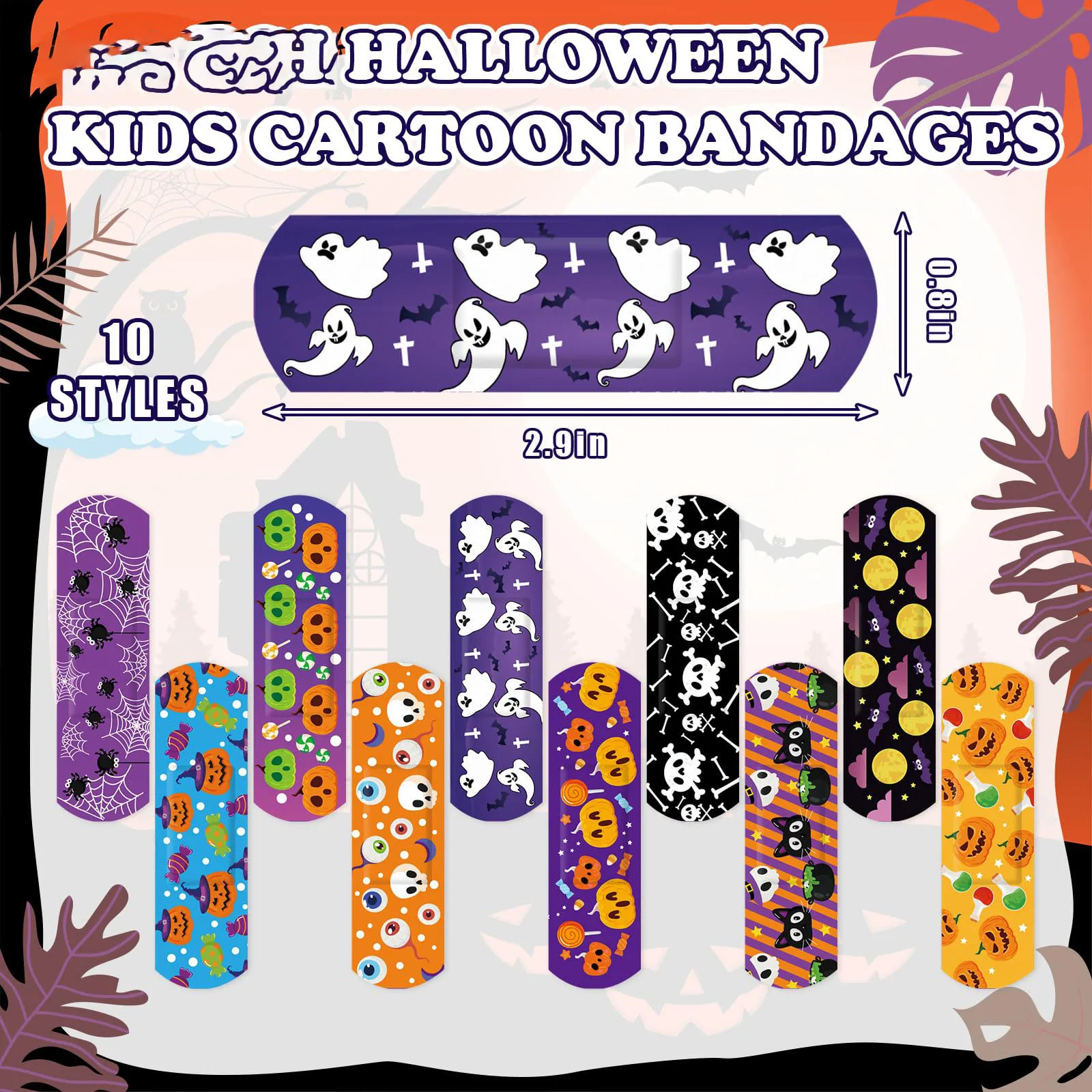 20/50 Stück Halloween Kinder Cartoon Bandagen Kürbis Geisterschädel Flexibles Wundpflaster 10 Stile Klebstoff Wasserdicht Atmungsaktiv Flosse – Detail 2