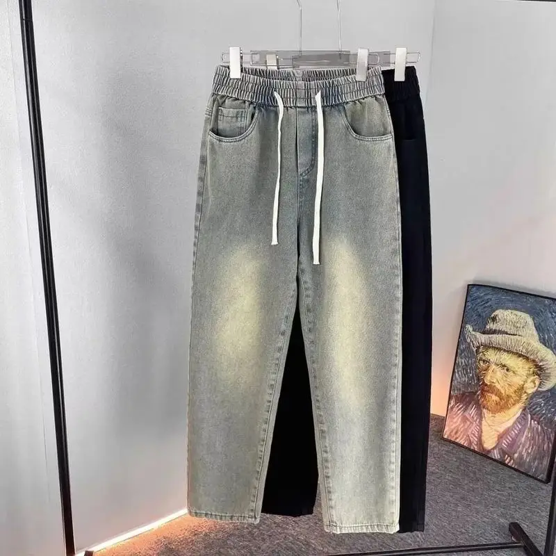 Retro viejo amarillo barro cordón cintura elástica Jeans Cowboys High Street Casual Simple versátil cordón Pantalones rectos