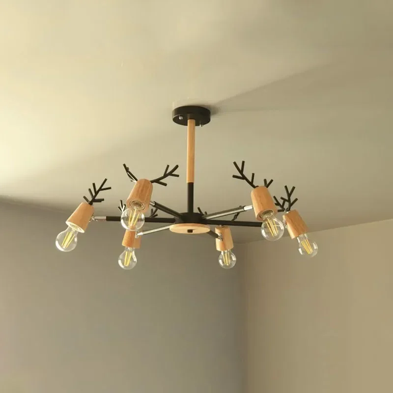 

Nordic modern minimalist E27 multi-head antler chandelier restaurant bedroom study metal /wood lamp shade fixture