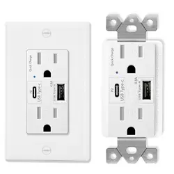 Power Socket with Type C USB Quick Charger 15A Type A Tamper Resistant Outlet QC3.0 Compatible with Apple Samsung XIAOMI Devices