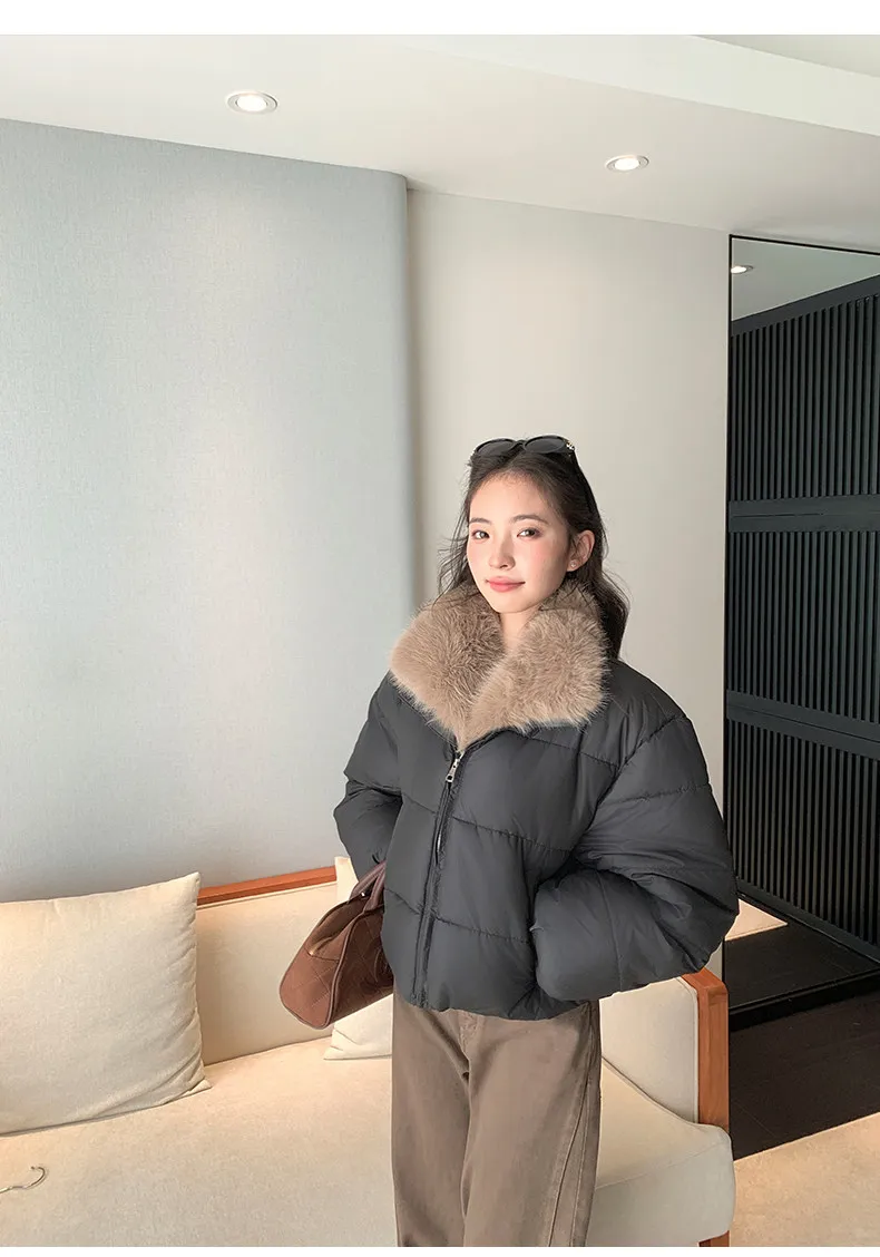 Korean Women's Short Puffer Jacket with Large Fur Collar Women Loose Thick Padded Cotton Coats Female Solid Casual Zipper Parkas