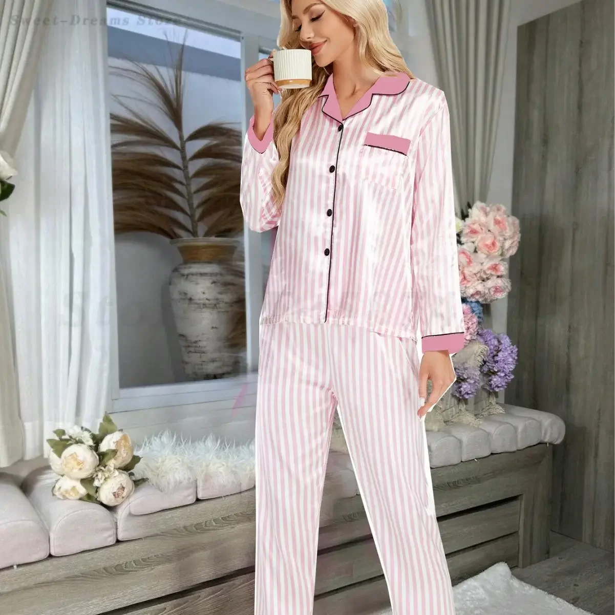 Spring Summer Pajamas Suit Lounge Wear Women's Loose Satin Home Clothes Sleepwear Printed Long Sleeve Shirt&Trouser Nightwear 3
