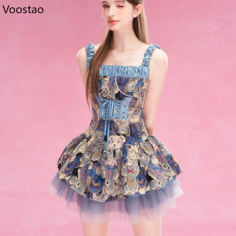 Y2k Princess Sweet Lolita Dress Set Women Vintage Chic Bow Blue Coat Cartoon Bear Print Slim Dress Female Casual Elegant Suit