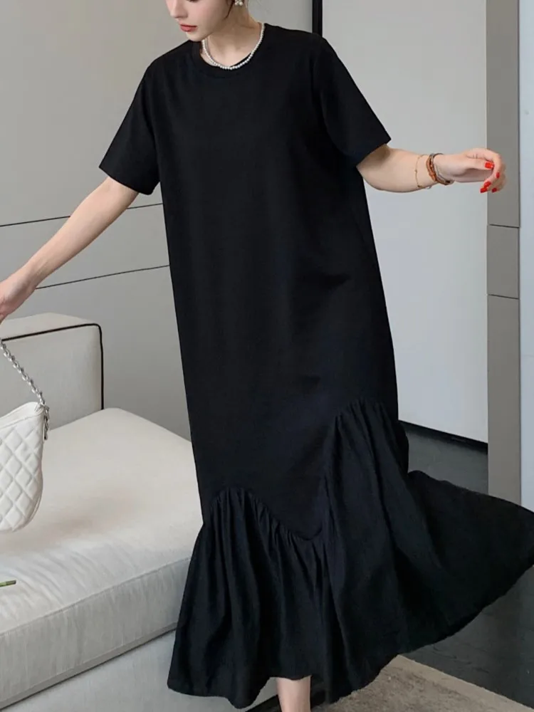 ฤดูร้อนหลวม Patchwork T เสื้อจีบผู้หญิง Oversize Elegant Vintage ผ้าฝ้ายสุภาพสตรีชุดสีดําชุดผู้หญิง Vestidos