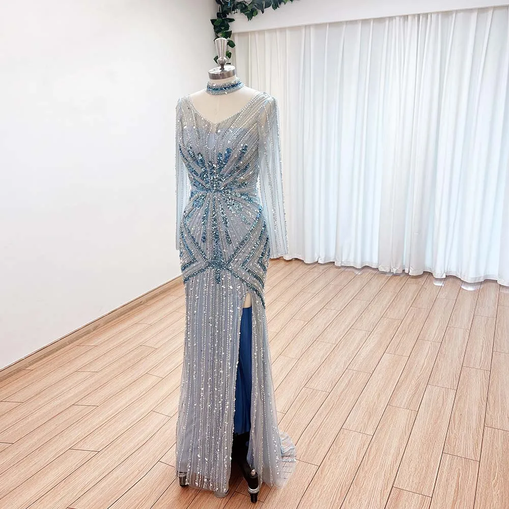 Elegant Mermaid Beads Evening Dress for Women with Detachable Train 2024 Long Sleeves Side Slit Formal Prom Wedding Party Gowns