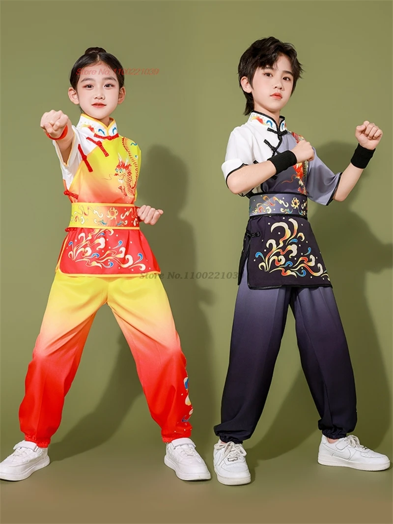 

2025 китайская униформа шаолиньского ушу, национальный принт дракона, детская одежда ушу, кунг-фу, тренировочная практика по боевым искусствам