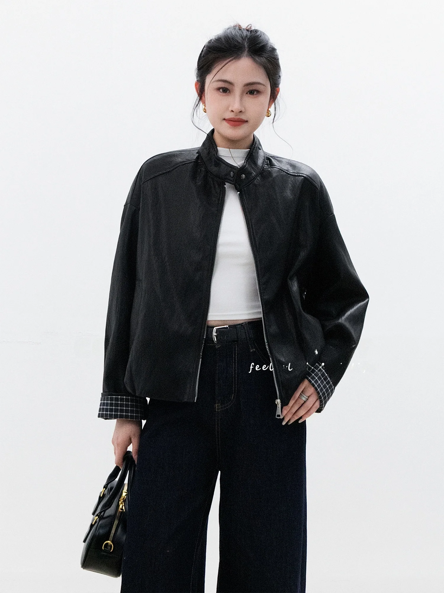

Chelzy Black Plaid Spliced Short Loose Outerwear Cool Jacket Women's Spring Autumn Motorcycle Leather Coat Stand Collar