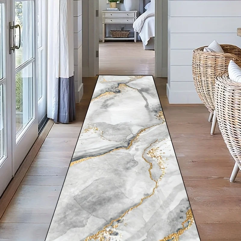Elegant Stone Pattern Runner Rug With Golden Accents Soft Touch Surface Non Slip Carpet For Front Door Corridor Accent