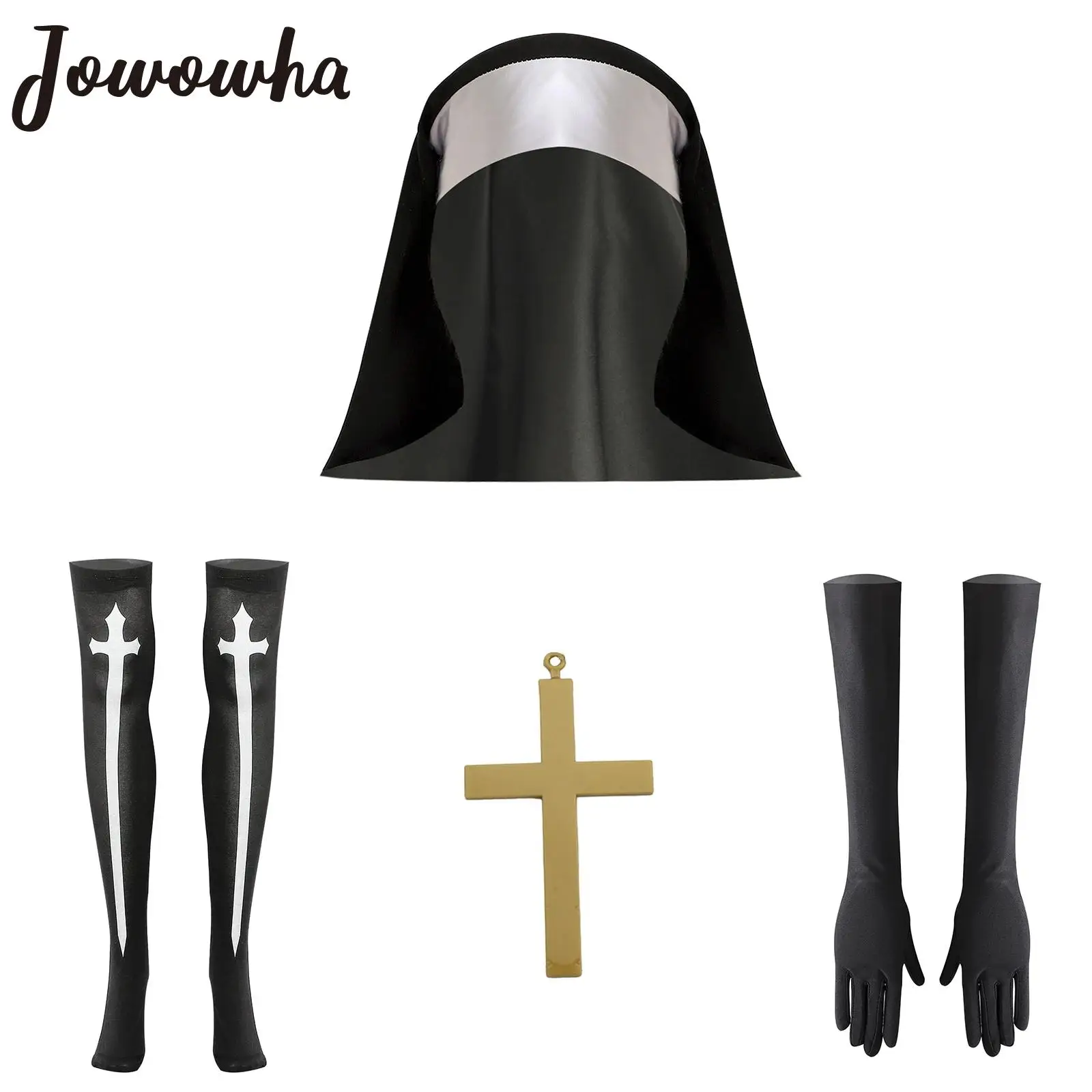 Womens Nun Costume Halloween Theme Party Catholic Sister Cosplay Accessory Nuns Headdress Cross Necklace Gloves Thigh High Socks