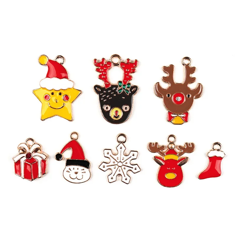 10pcs Christmas Theme Enamel Elk Snowflake Pendant Red Socks Box Charms Necklace Bracelet Accessory DIY Jewelry for Women