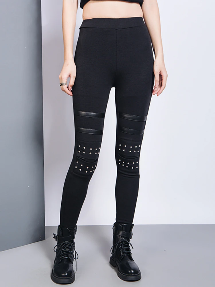 EAM High Elastic Waist Black Brief Long Rivet With Fleece Casual Pants New Trousers Women Fashion Autumn 2026 1DH7172