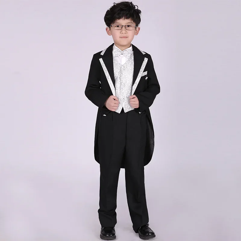 England Style Tuxedo Suits Boys Clothes Set Kids Formal Wedding Blazer Swallow-tailed Coat Kids Party Bow Tie Clothing 5PCS/Set