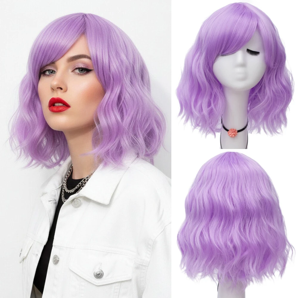 

Фиолетовый синтетический короткий пушистый парик с волнами, термостойкий женский аниме-игровой косплей, повседневная вечеринка