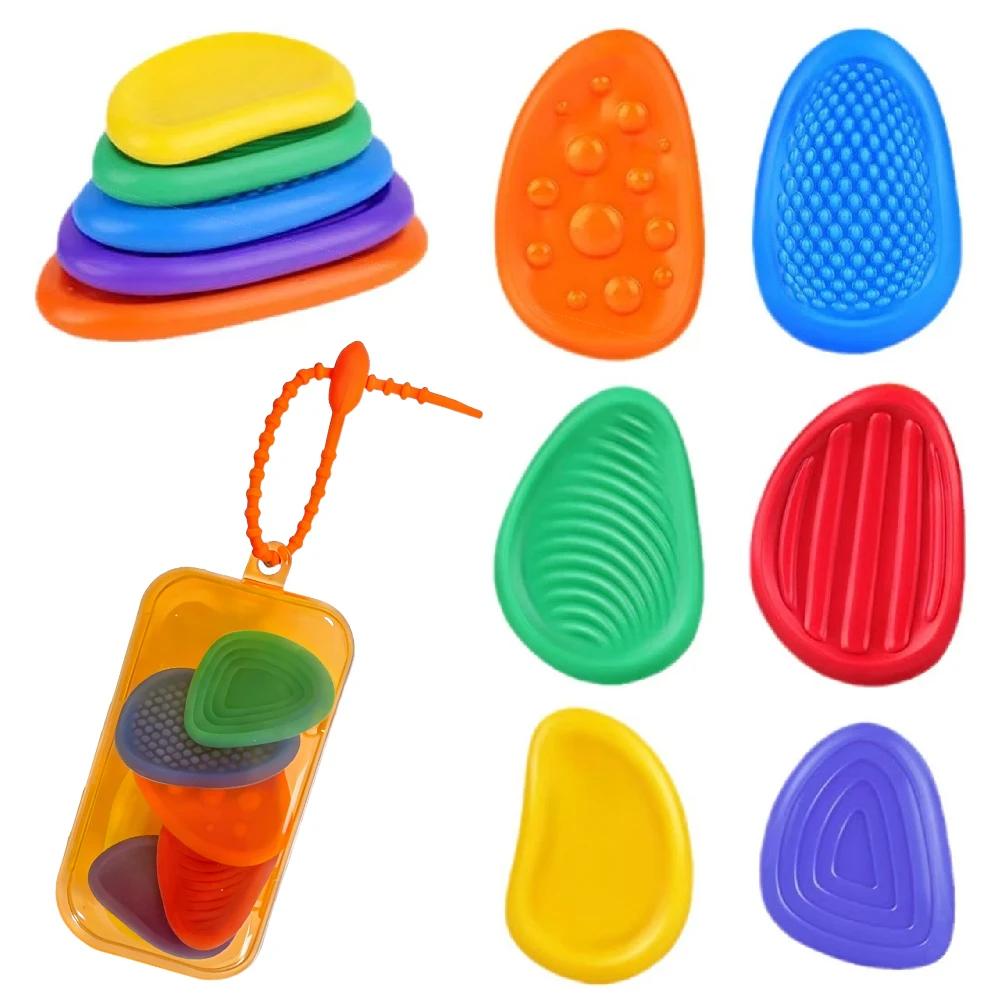 Silicone Stone Fidget Toys 6Pcs Textured Sensory Calming Autism Kids Adults Desk Anxiety Stress Relief with Lanyard Storage Box