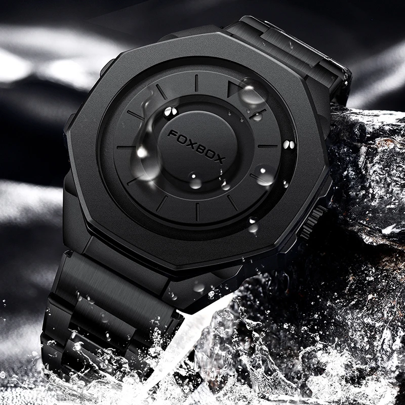 FOXBOX Nowy Luksusowy Zegarek Męski Modny Biznesowy Zegarek Męski Wodoodporny Zegarek Kwarcowy z Magnetycznym Napędem i Ruchomym Wskazówkowym Mechanizmem dla Mężczyzn