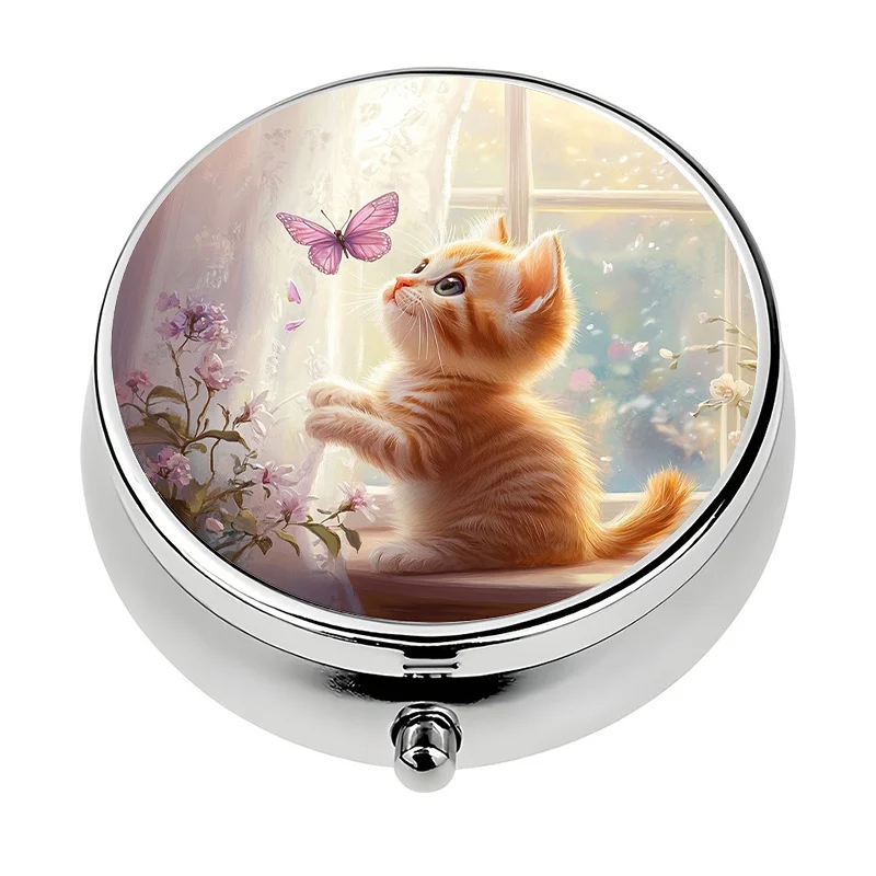 This Compact Pill Box Features a Cat and Butterfly Design and Has Three Compartments, Making It Perfect for Carrying in Your Pocket or Handbag. This Exquisite and Compact Pill Box Is the Ideal Choice for Carrying When You'Re on the Go.
