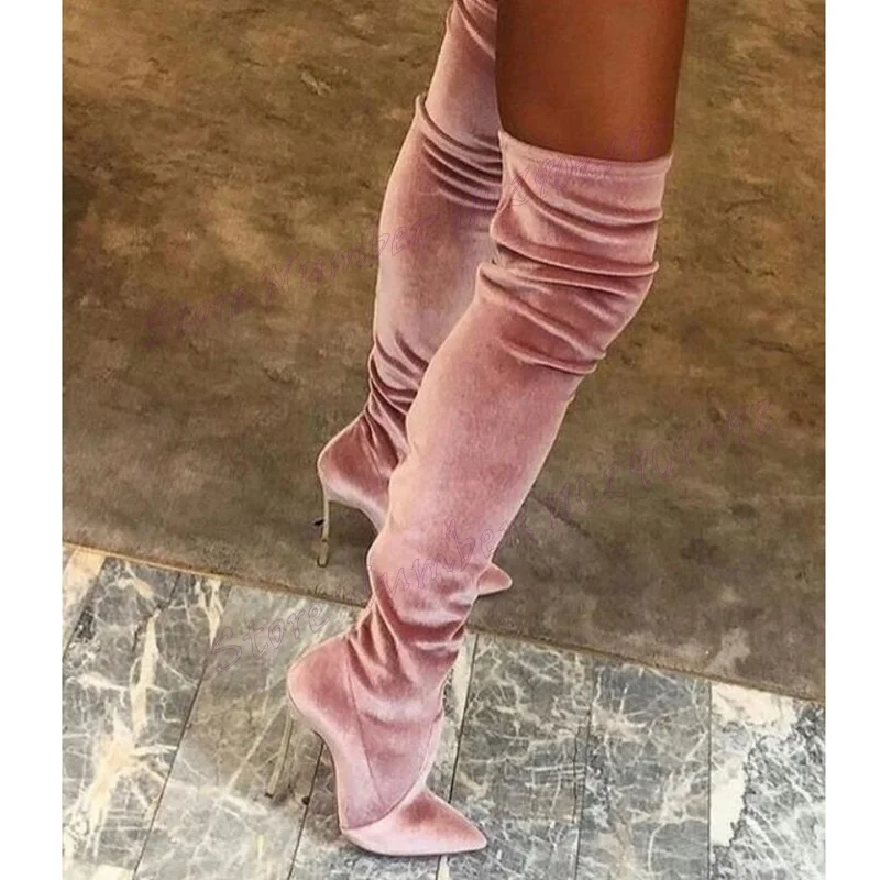 Pink Suede Metal Heels Boots Pointed Toe Shoes for Women Over The Knee Thin High Heels Sexy Lady Shoes 2024 Zapatos Para Mujere