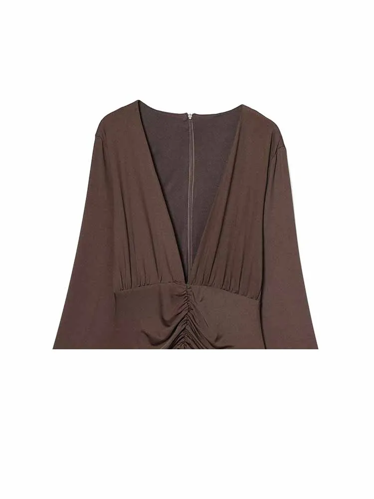 HH femme été rétro mode manches longues col en V profond plissé décoration combinaison robe femme décontracté Style de rue robe