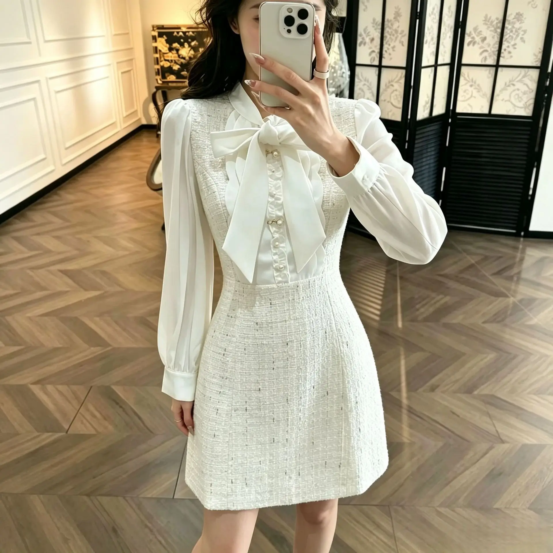 Sweet Temperament Slimming A-Line Dress Lace-Up Bow Long Sleeve Waist Cincher Beading Autumn New Women's Clothing Commute Style