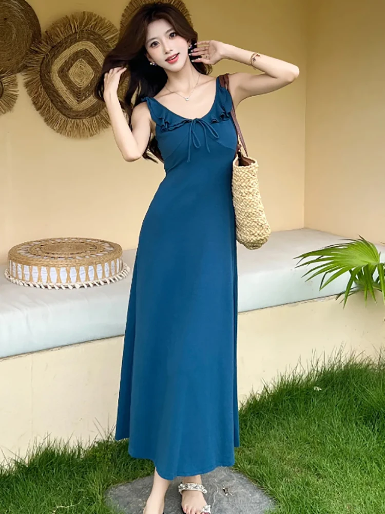 Feminino azul elegante arco babados estilingue sexy vestido longo verão moda bodycon casual vestido de férias 2025 coreano vintage vestido de festa