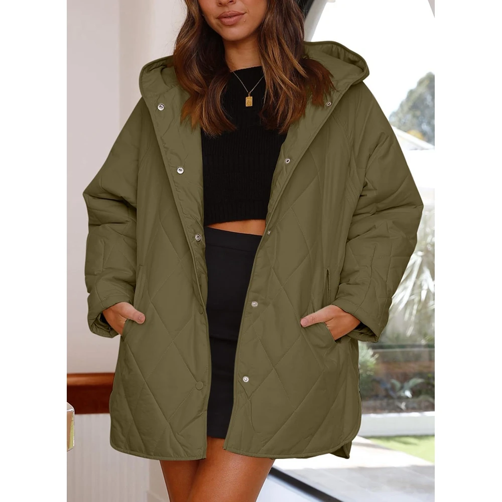 

Women Rhombus Pattern Long Sleeve Loose Hooded Jackets Coat Buttoned Femme Solid Color Winter Outwear Chamarras Invierno Mujeres