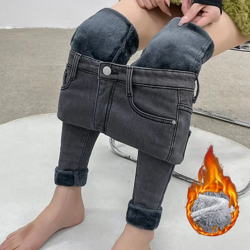 Hot Sale Winter High Waist Thermal Lady Jeans Women Snow Warm Fleece Denim Pants Female Comfortable Solid Plush Trousers