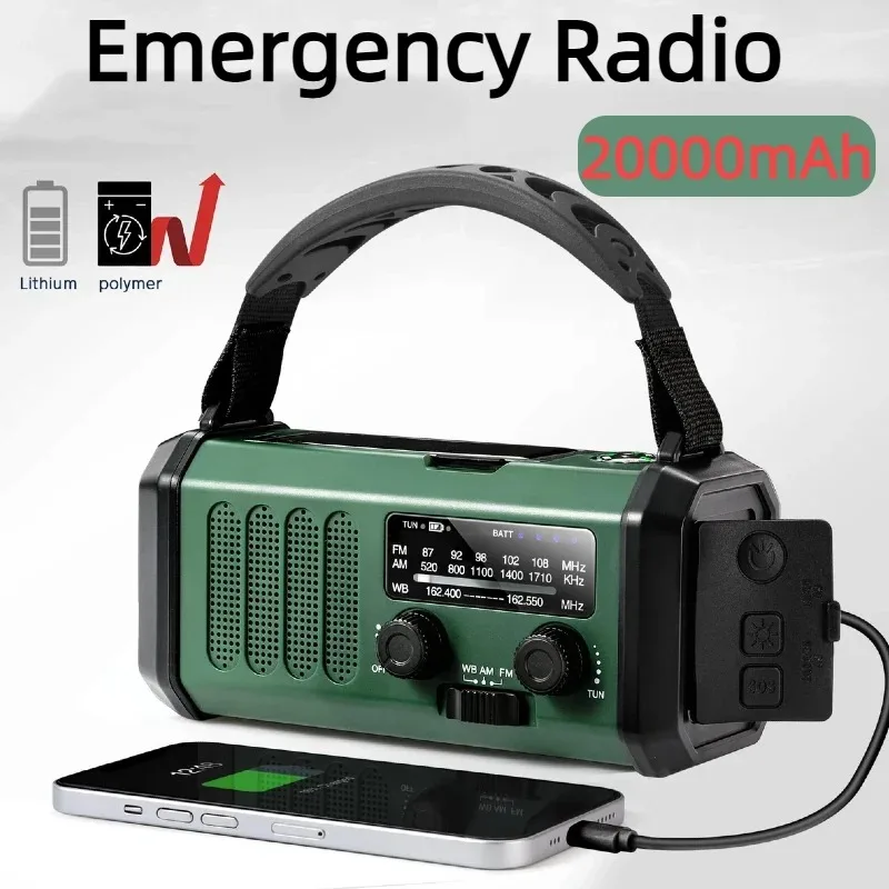/20000mAh Battery Emergency Hand Crank Weather Radio with Solar Charging  Built-in Flashlight, Reading Light SOS Alarm