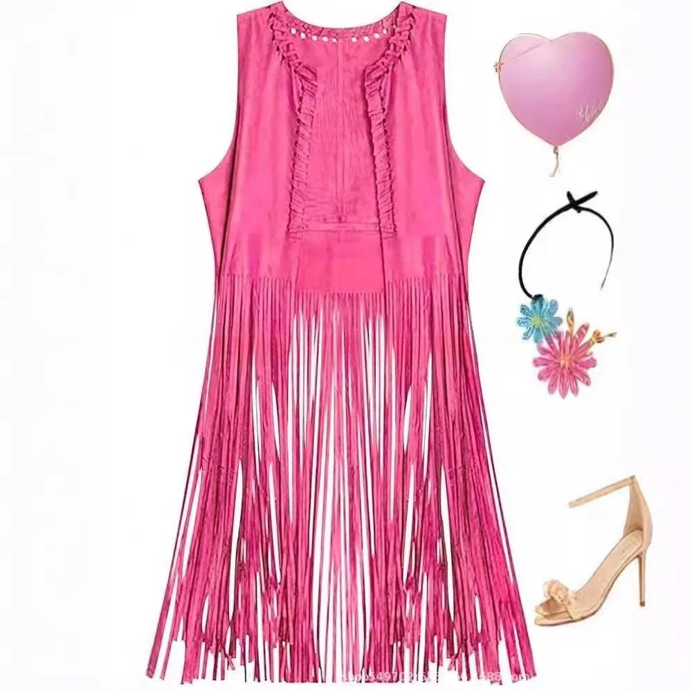 70s Style Suede Fringe Shoulder Wrap Vest Unisex Western Cowboy Jacket Ladies' Fashion Inner Wear Regular Length Stripe Pattern