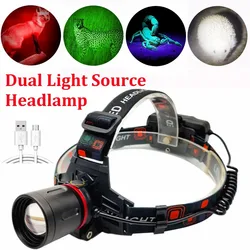 F2 Green/Red/UV Led Head Light Headlamp Zoomable Head Lamp Torch 4 Modes Headlight USB Charging Fishing Hunting Camp Flashlight