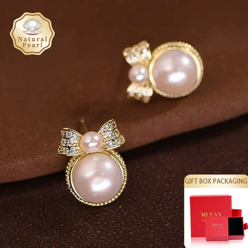 

Mufan Jewelry Gift Box Set Pearl Earrings 3-4mm/9-10mm White Flat round Natural Freshwater Pearl Earrings Butterfly Knot Design