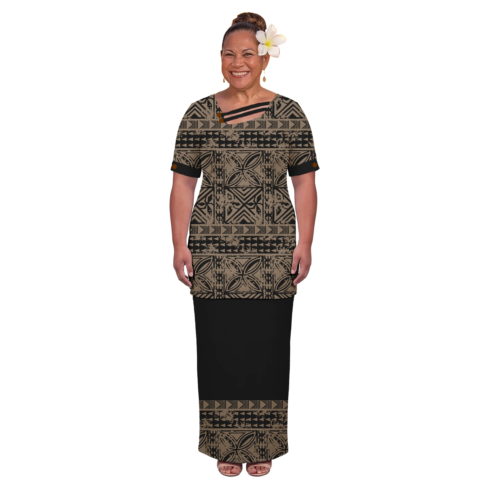 Polynesia Women Puletasi Custom Tribal Design Clothes Samoan Puletasi for Ladies Hawaii With Coconut Shell Buttons Dress 2pc Set