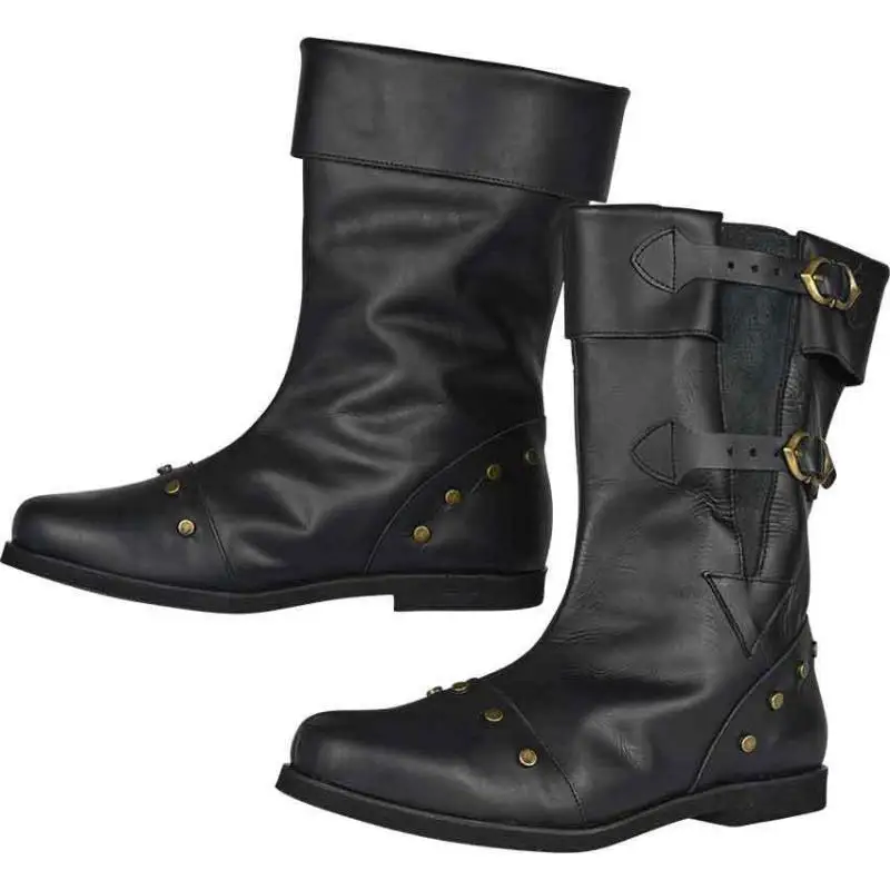 Herren Retro PU-Leder Halbhohe Stiefel mit Nieten und Schnallendetails, Lässiges Design, Klobige Sohle, Casual Outdoor Western-Stiefel – Detail 4