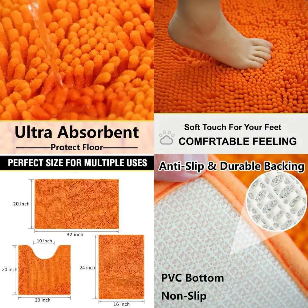 

Orange 3-Piece Chenille Shag Bathroom Rug Set - Plush, Absorbent, Machine Washable with Non-Slip PVC Base