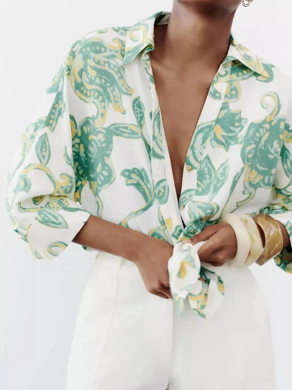 

Summer 2024 Women's Linen Blend Long Sve Printed irt Collared Loose Fit Polyester Blend Faionable Versatile Regular Le...
