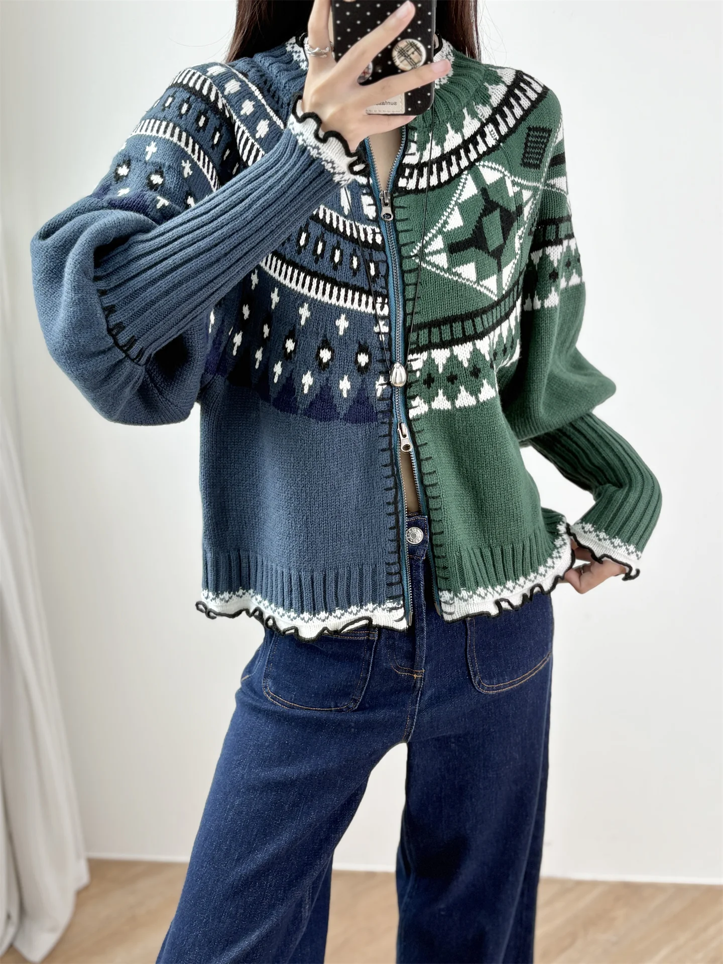 

Женский вязаный кардиган из смесовой шерсти с узором Fair Isle, геометрическим принтом, длинными рукавами, на молнии, повседневная зимняя верхняя одежда