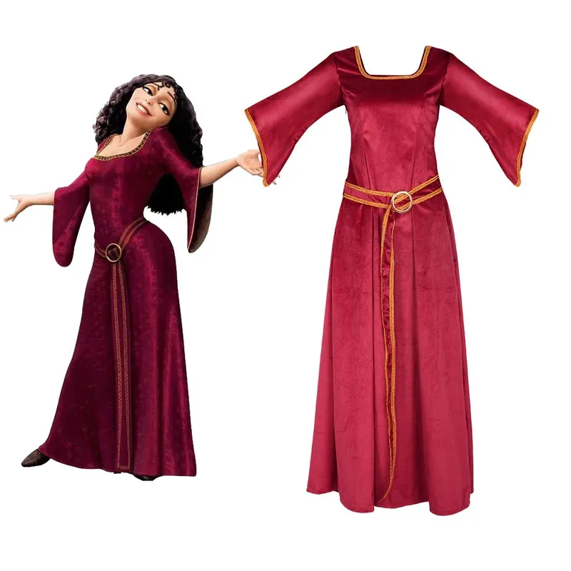 Cosplay Anime Rapunzel Madre Gothel Vestido Borgoña Palacio Vintage Falda Larga Cinturón Disfraz Halloween Carnaval Kit Adk;3,c'5.b;8'