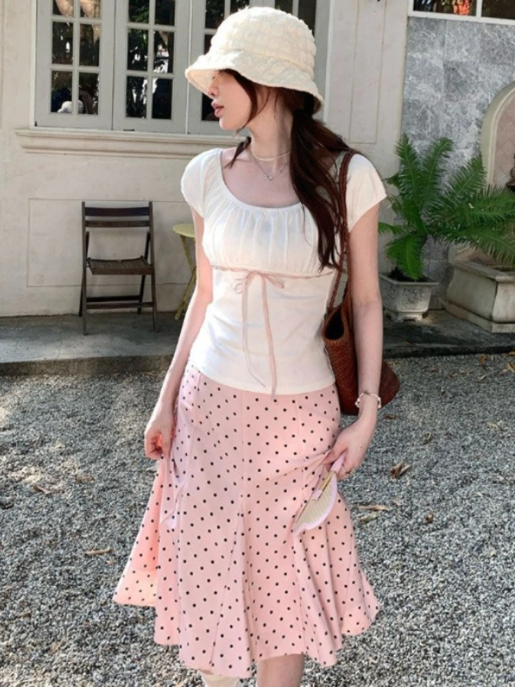 

Deeptown Sweet Polka Dot Skirt Women Elegant Vintage Pink Ruffle Short Skirts Korean Style Fairycore Summer A-line Skirt Slim Up