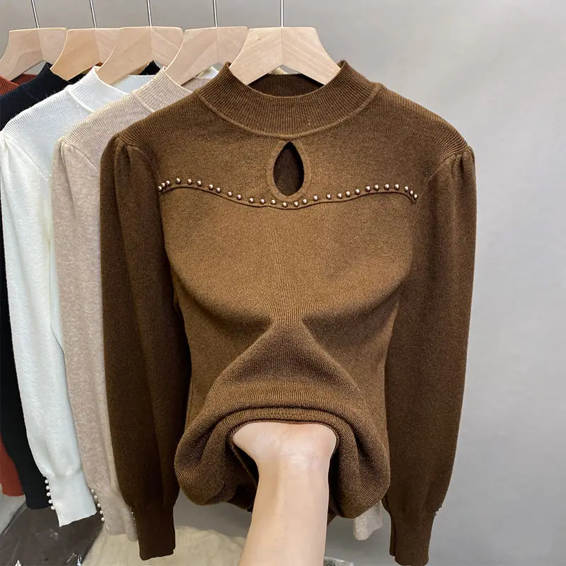 

Oversized Half Height Collar Embroidered Flares Knitting Bottoming Shirt Sweater Ladies Office Lady Hollow Out Pullovers Top Tee