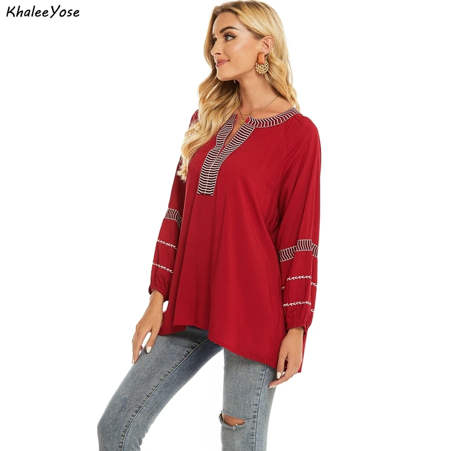 KHALEE YOSE Floral Embroidery Blouse Shirt Cotton Summer Mexican Women Shirt Red Long Sleeve 2xl 3Xl Ethnic Ladies Shirt