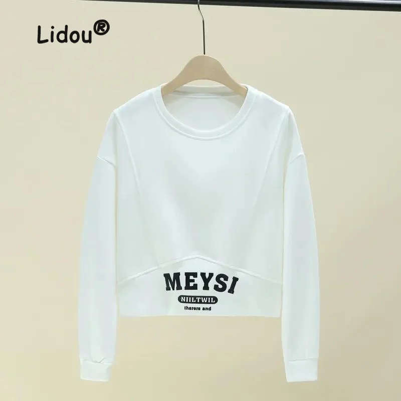 Autumn Solid Color Printing Letter Sweatshirts Women New Long Sleeve O-collar T-shirt Patchwork Screw Thread Short All-match Top