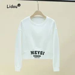 Autumn Solid Color Printing Letter Sweatshirts Women New Long Sleeve O-collar T-shirt Patchwork Screw Thread Short All-match Top