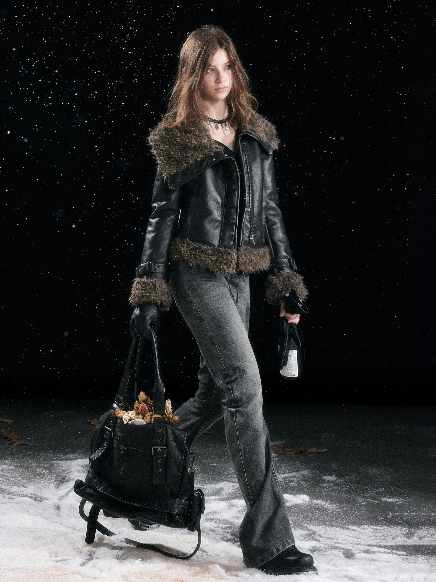 パンクスタイルショートレザージャケットレディースフェイクファー襟リベットスリムアウターウェアCestNousストレートチューブタイプ長袖ジッパー