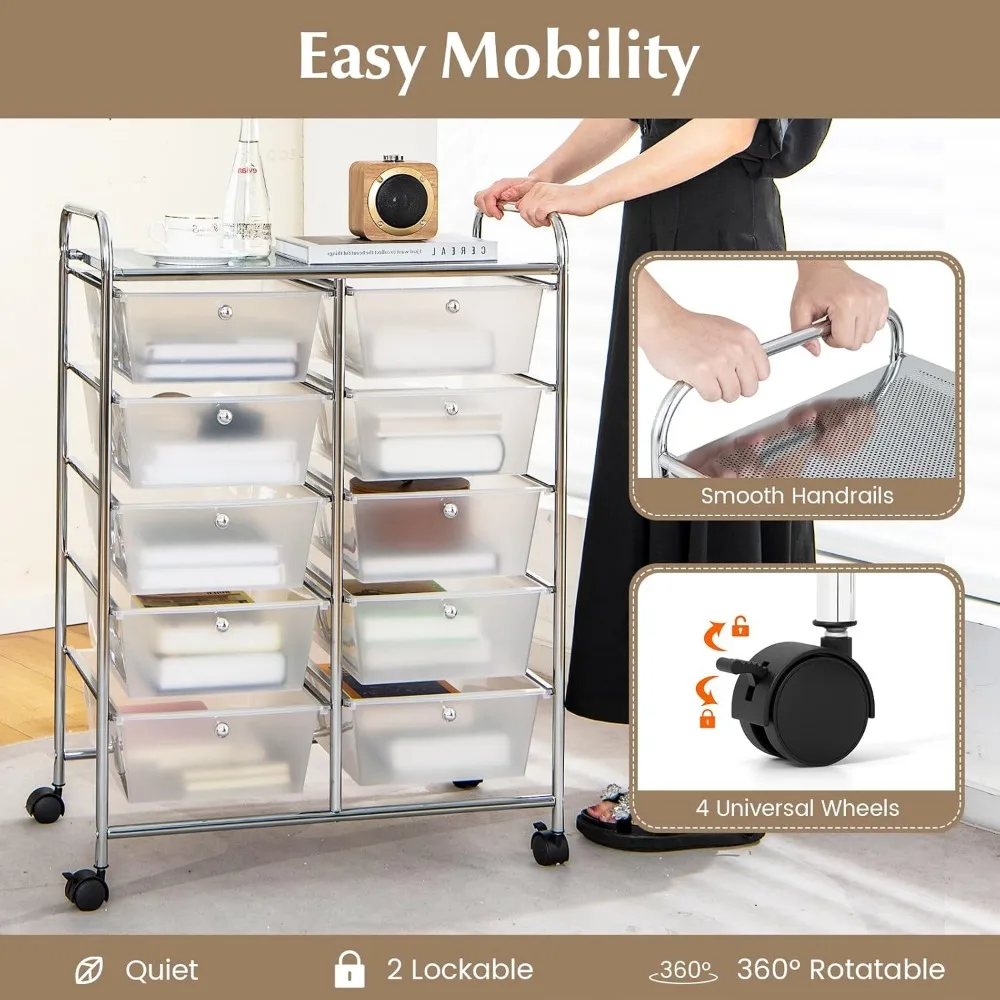 عربة تخزين حرفية دوارة ذات 10 أدراج مع عجلات قابلة للقفل ومنظم فني للمساحات الإبداعية