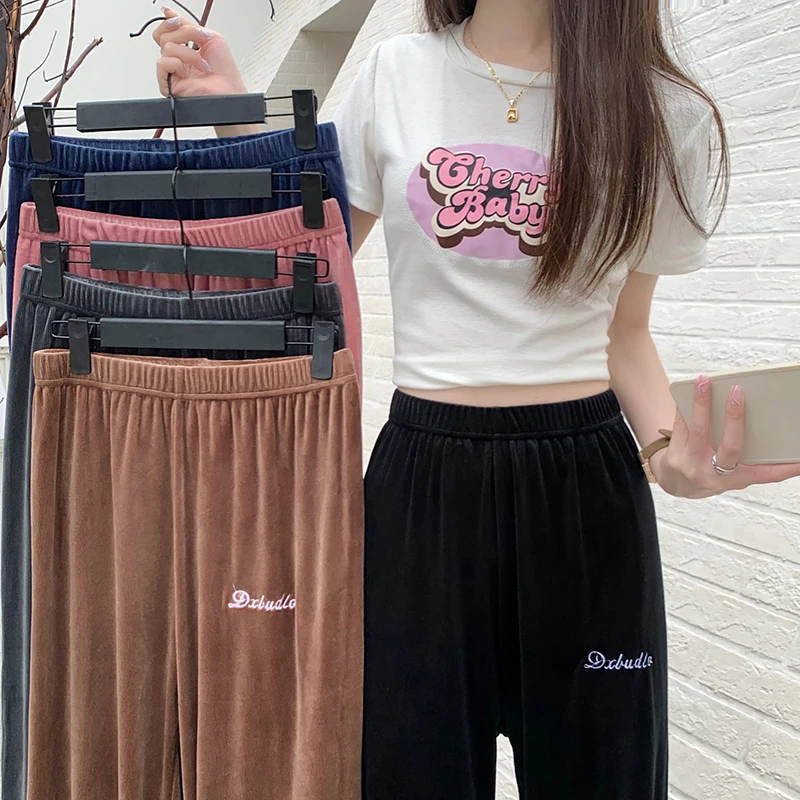 ITOOLIN Velvet Casual Pants Women  Elastic High Waist Version Loose High-Waisted Bloomers Solid Color Sports Pants Spring