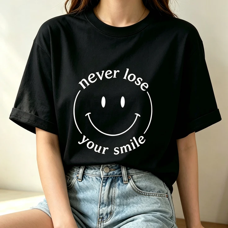 Simple Line Smiley Graphic Tee Women Never Lose Your Smile Inspiring Quote Soft Loose Summer Casual Streetwear Blouse Y2k Top