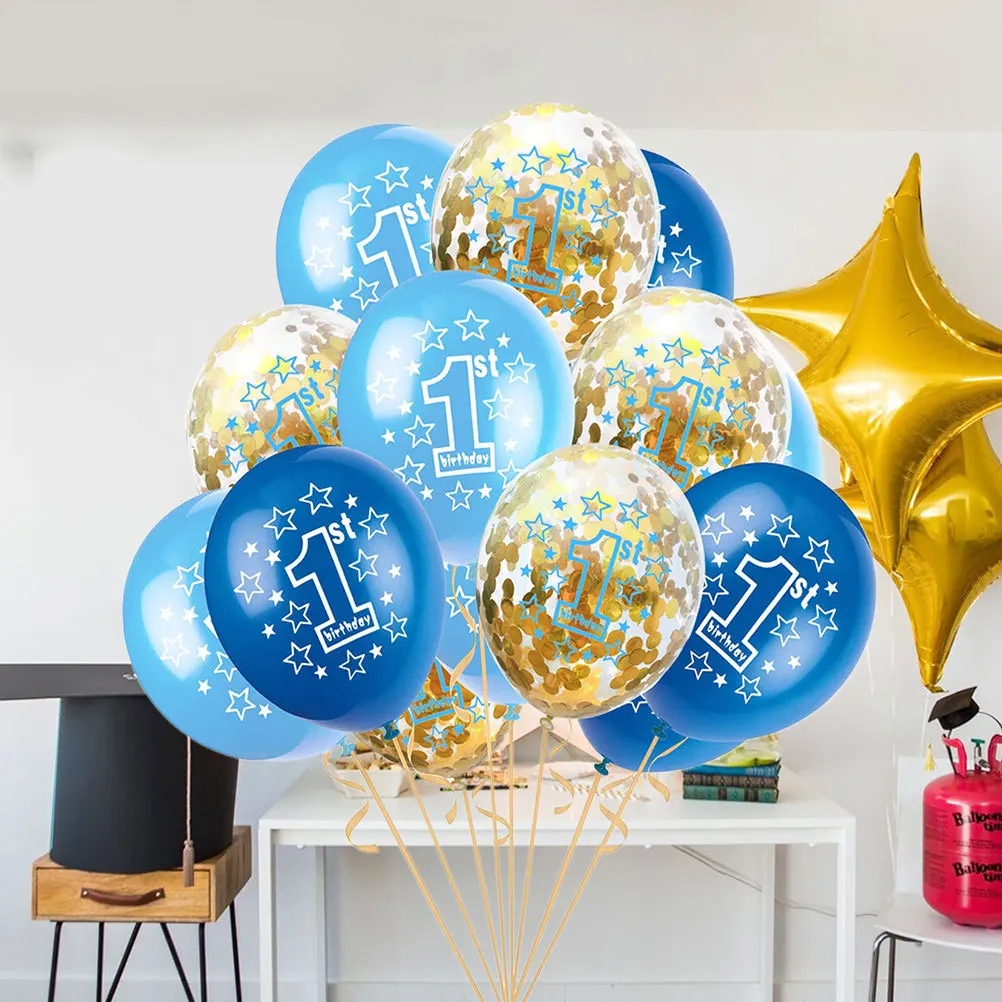 

15Pcs Balloon Kit 12 Inch Unique Design Inflatable Decorative Party Balloons for Baby Birthday Celebration Blue and Golden with